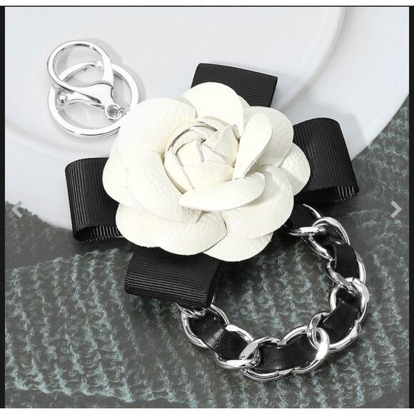 Black Bow Rose Pointed Bag Charm Keychain - Silver Hardware - Picture 1 of 1